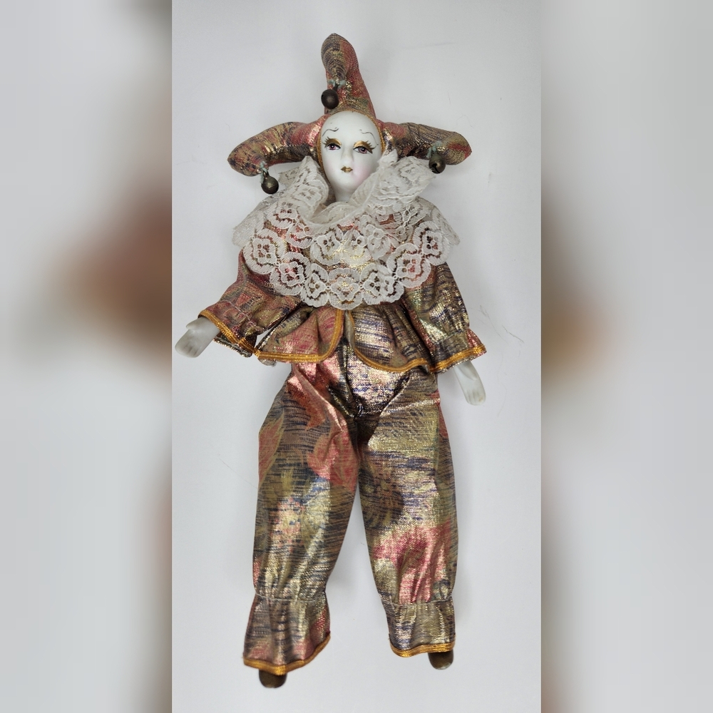 VINTAGE - Porcelain Clown Jester Doll - 11"